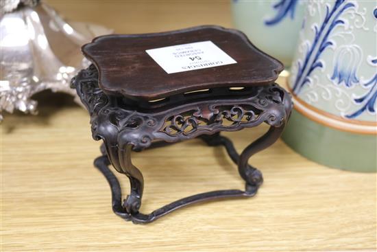 Two famille verte vases, two blue and white Chinese vases, a dish and a carved stand